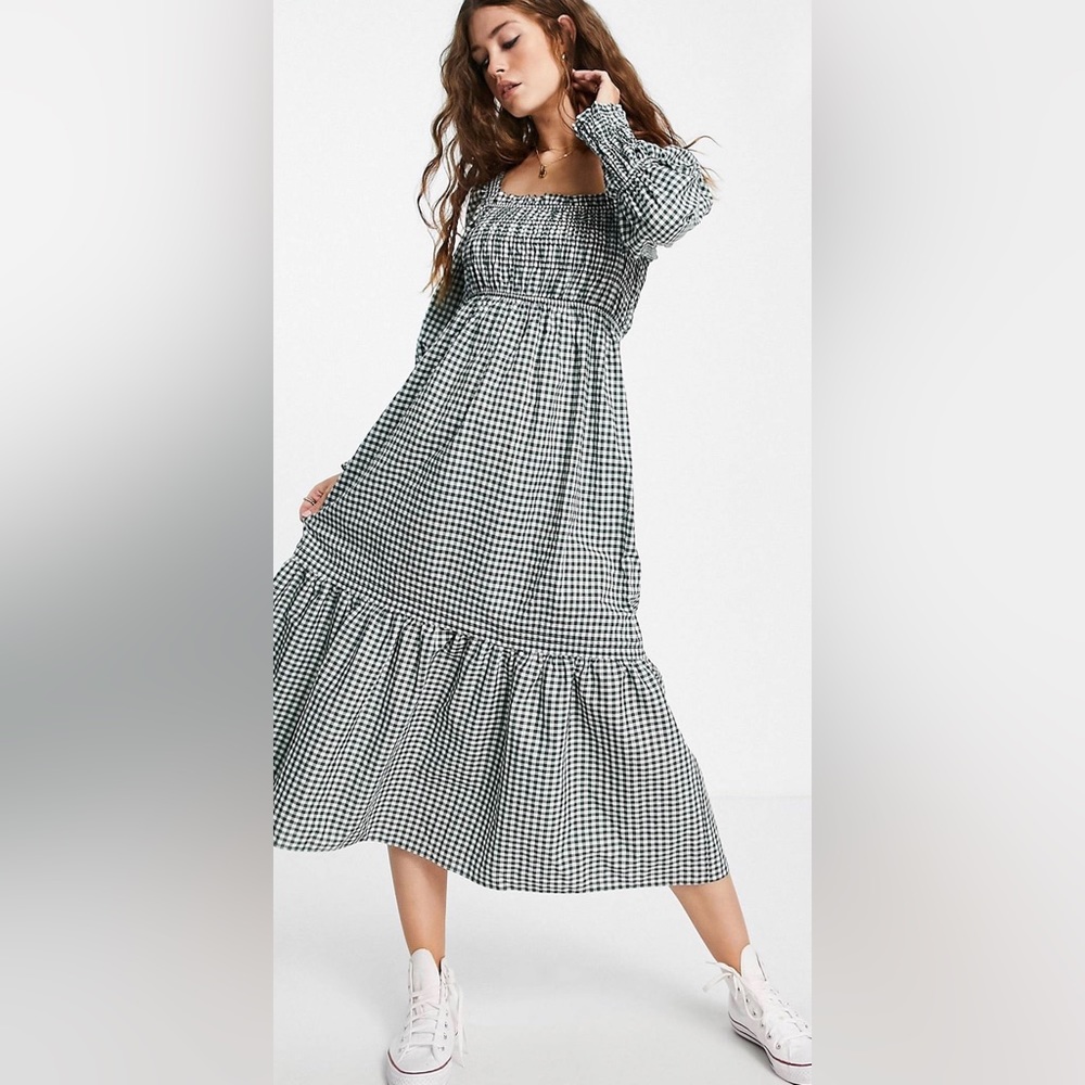 TOPSHOP Shirred Long Sleeve Gingham Midi Dress Size 4